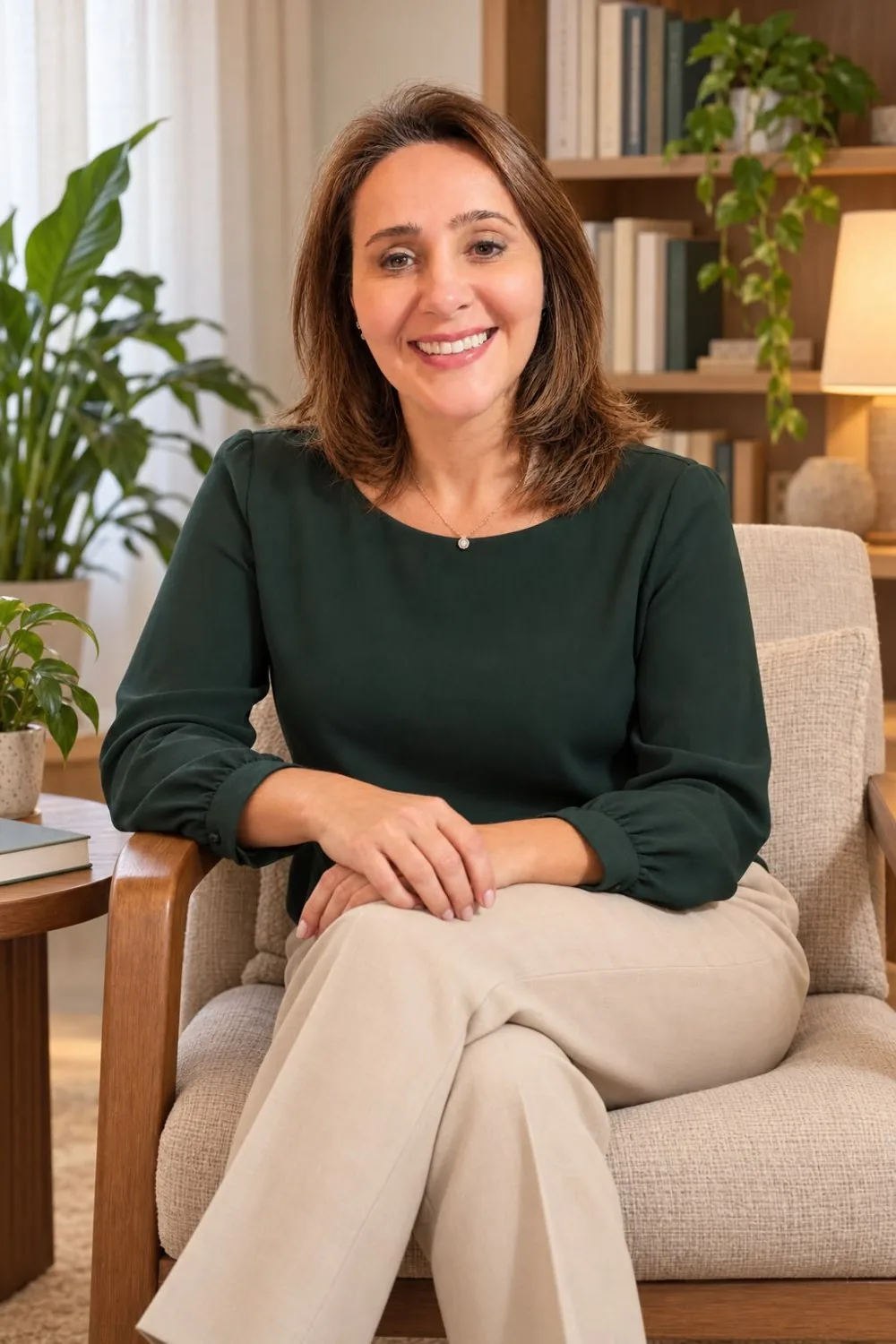 Valéria Magalhães sentada em uma poltrona, com blusa verde, em ambiente acolhedor